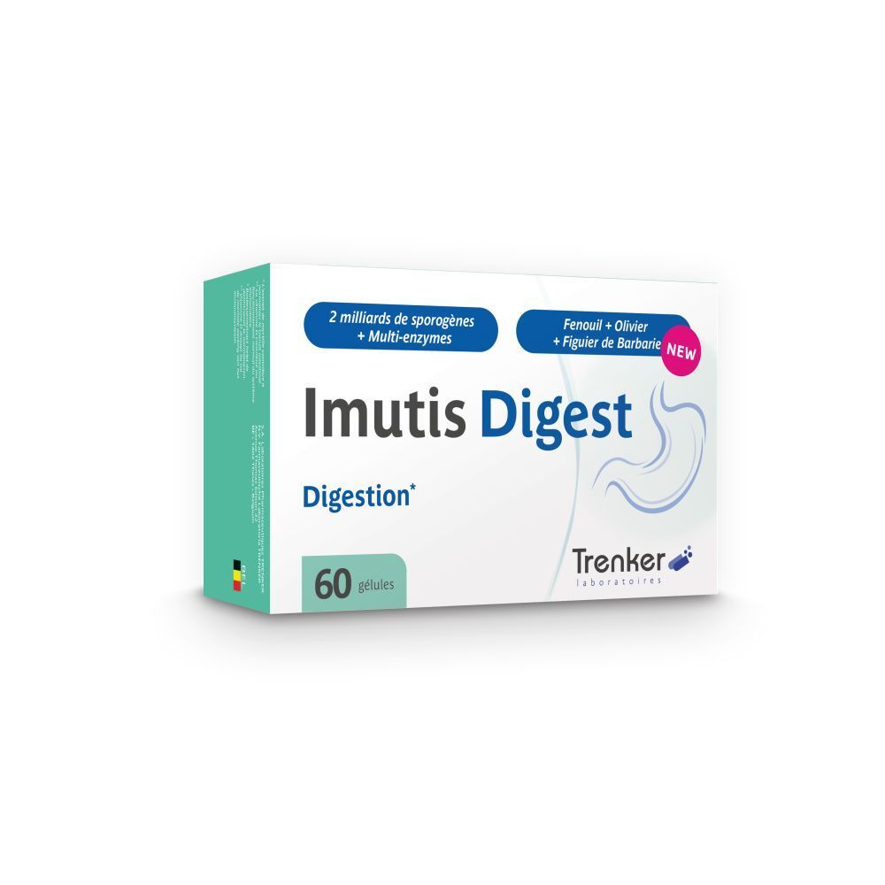 Boîte Imutis Digest, 60 gélules. Ingrédients et logo Trenker visibles. Étiquette rose "NEW".