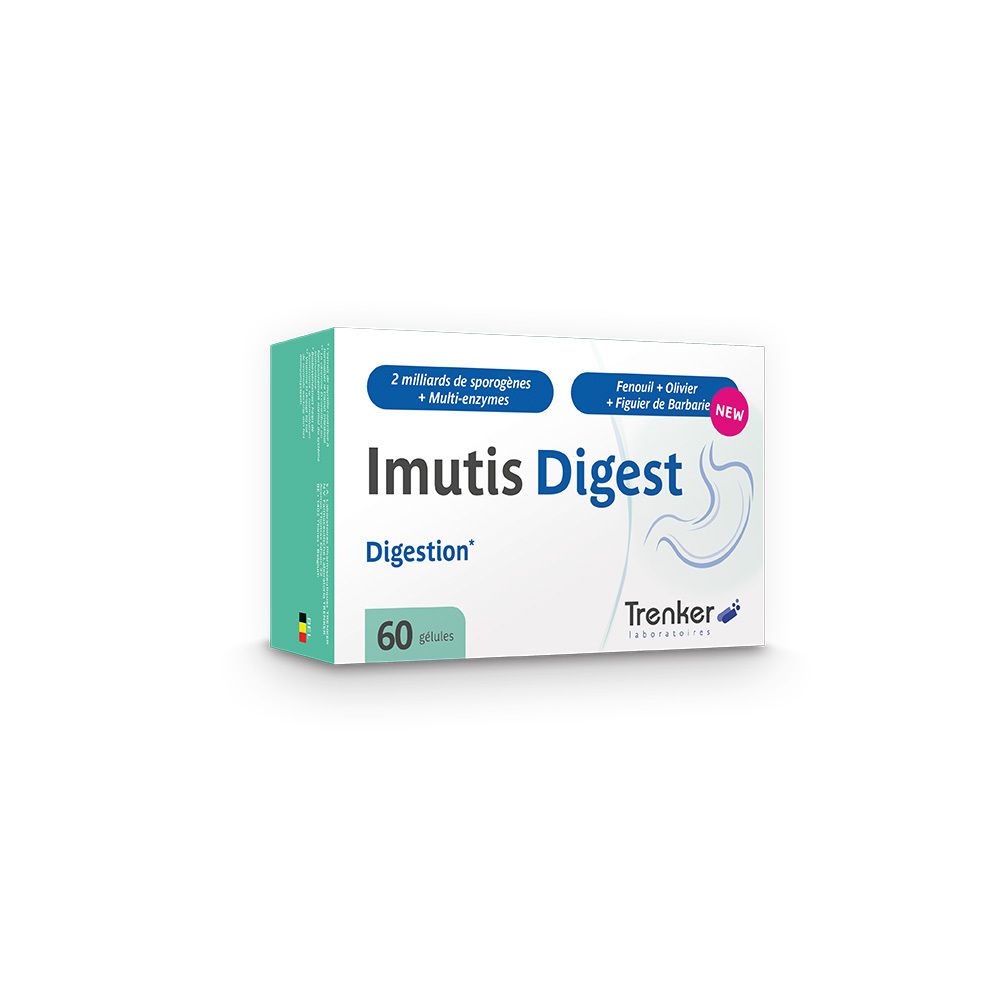 Boîte Imutis Digest, 60 gélules. Ingrédients et logo Trenker visibles. Étiquette rose "NEW".