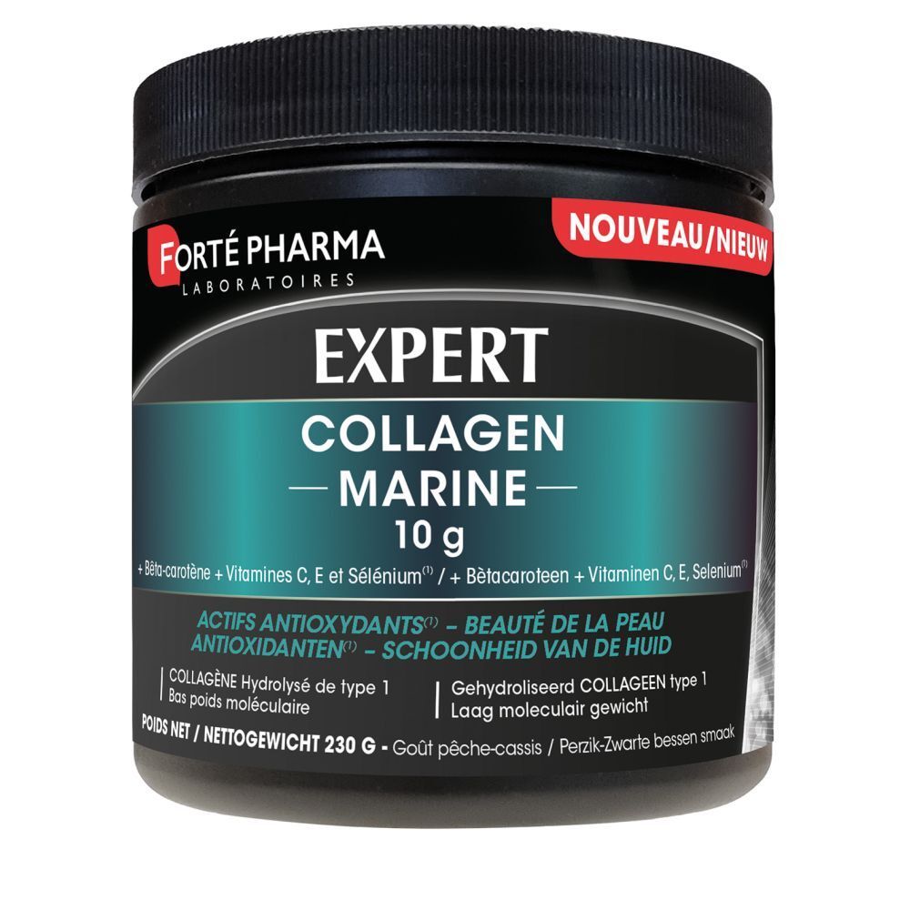 Pot noir avec couvercle. Inscription : EXPERT COLLAGEN MARINE 10 g. Marque : FORTÉ PHARMA. Avec antioxydants.