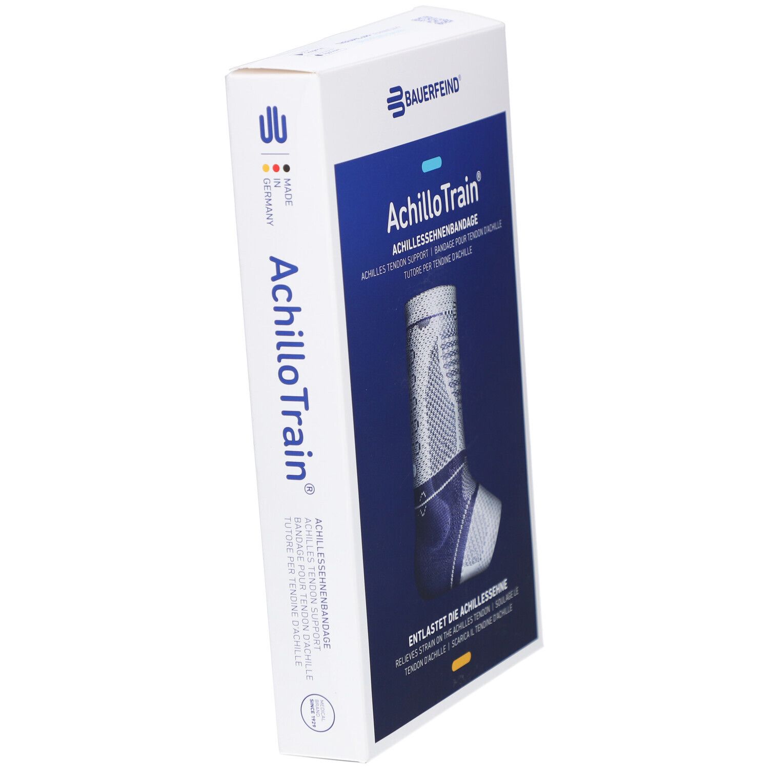 Bauerfeind AchilloTrain Bandage. Verpackung mit Produktabbildung. Text: Achillessehnenbandage. Hergestellt in Deutschland.
