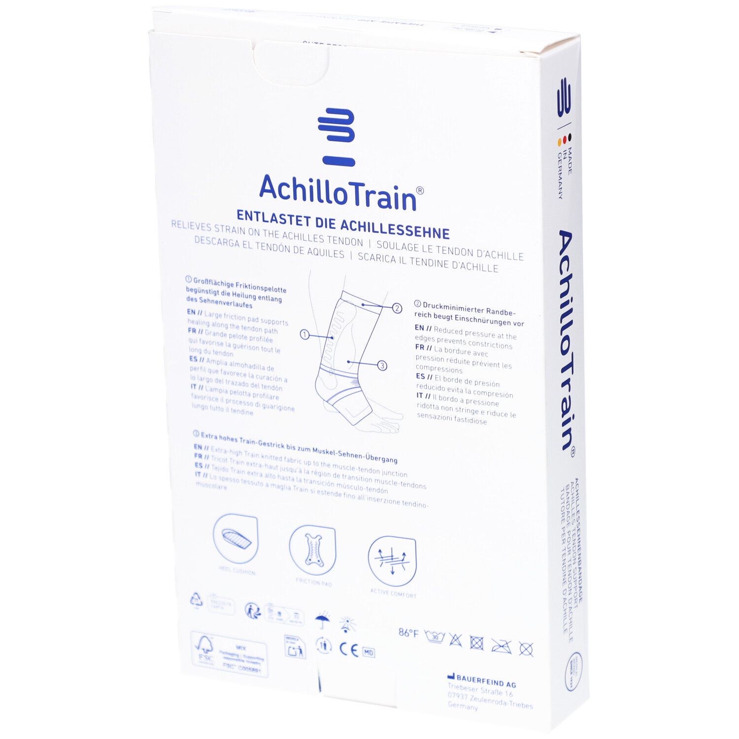 Rückseite der Verpackung. Bauerfeind AchilloTrain. Illustrationen zur Anwendung. Text: Achillessehnenbandage.