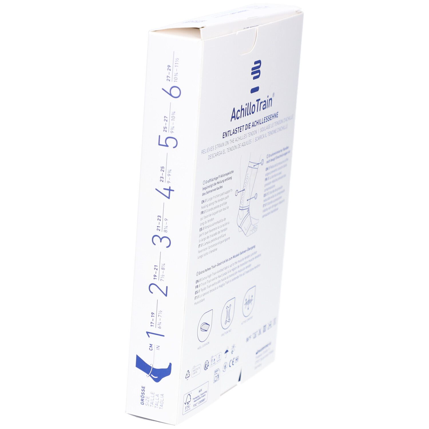 Verpackung, Seite mit Größenangaben. Größen 1-6. Text: AchilloTrain. Produktinformationen.