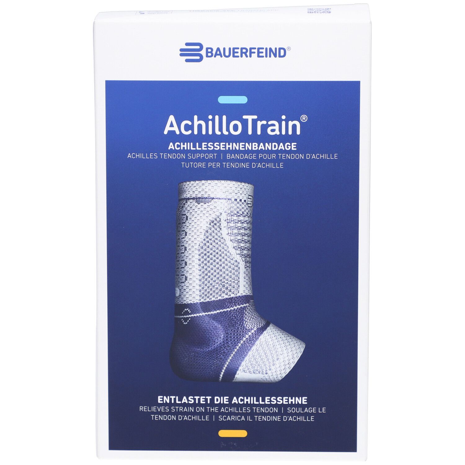 Bauerfeind AchilloTrain Bandage. Blau-weißes Produkt auf Verpackung. Text: Achillessehnenbandage.
