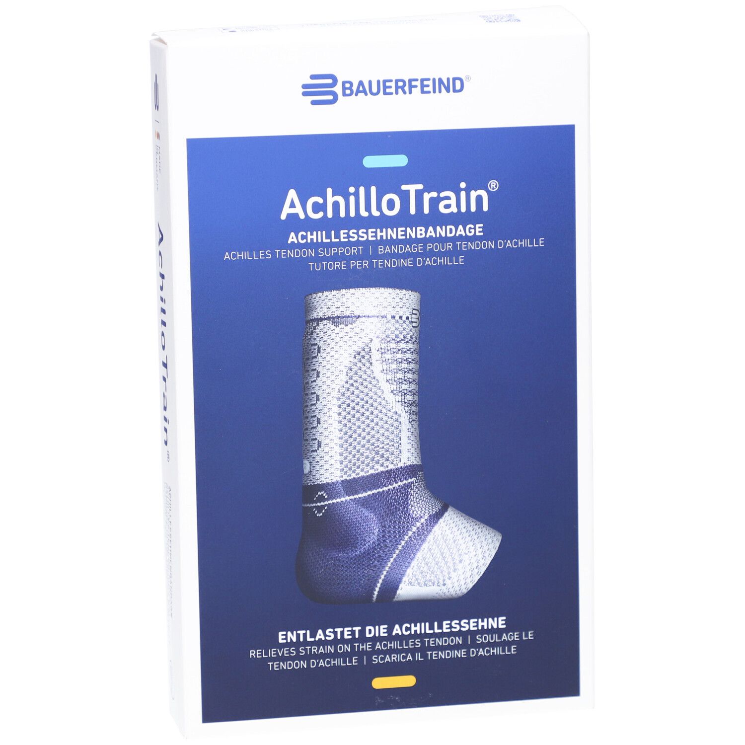 Bauerfeind AchilloTrain Bandage. Blau-weißes Produkt auf Verpackung. Text: Achillessehnenbandage.