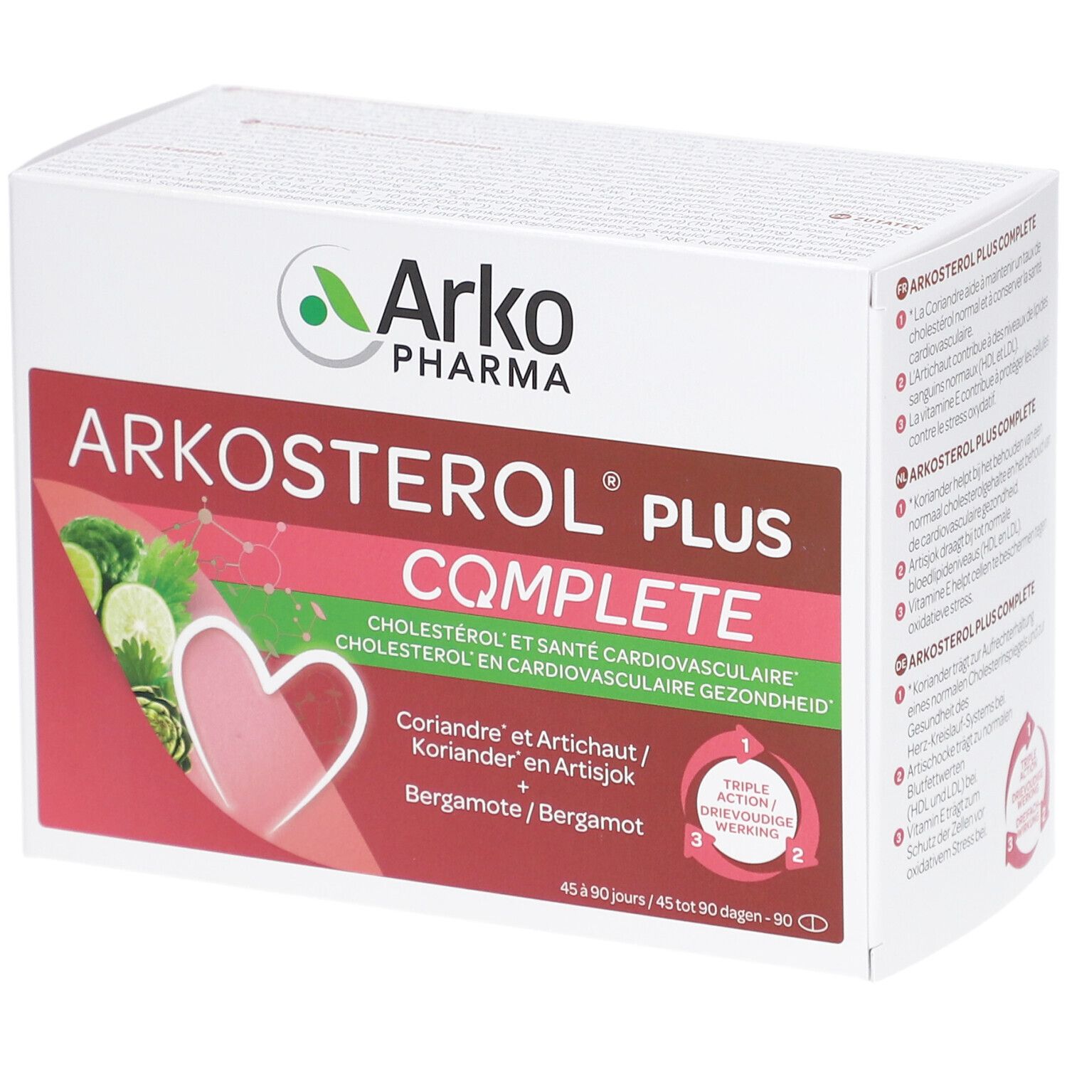 Boîte Arkopharma Arkosterol Plus Complete. Contient coriandre, artichaut et bergamote. Illustration de cœur et légumes.