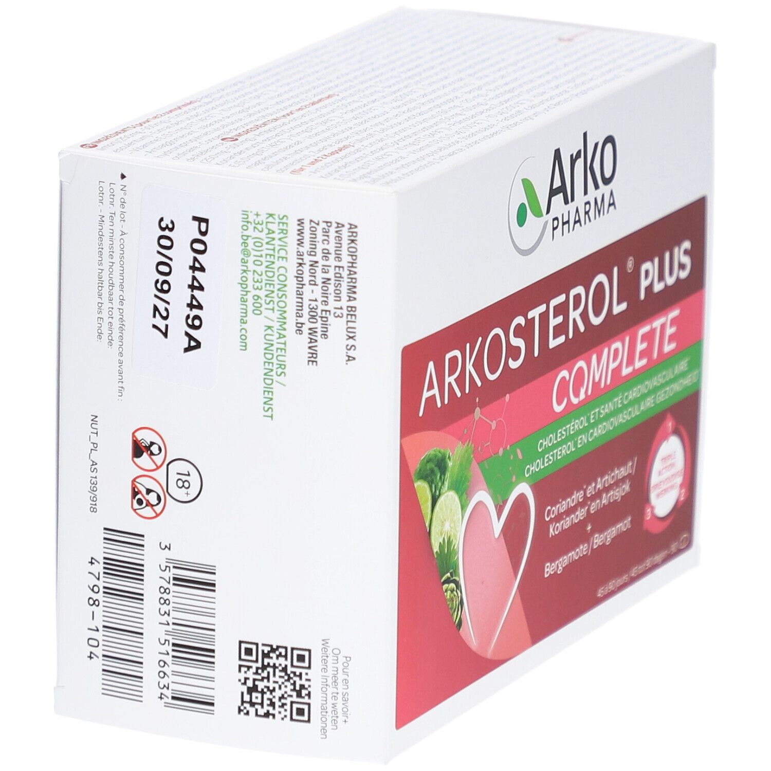 Boîte Arkopharma Arkosterol Plus Complete. Vue latérale avec informations produit et code QR.