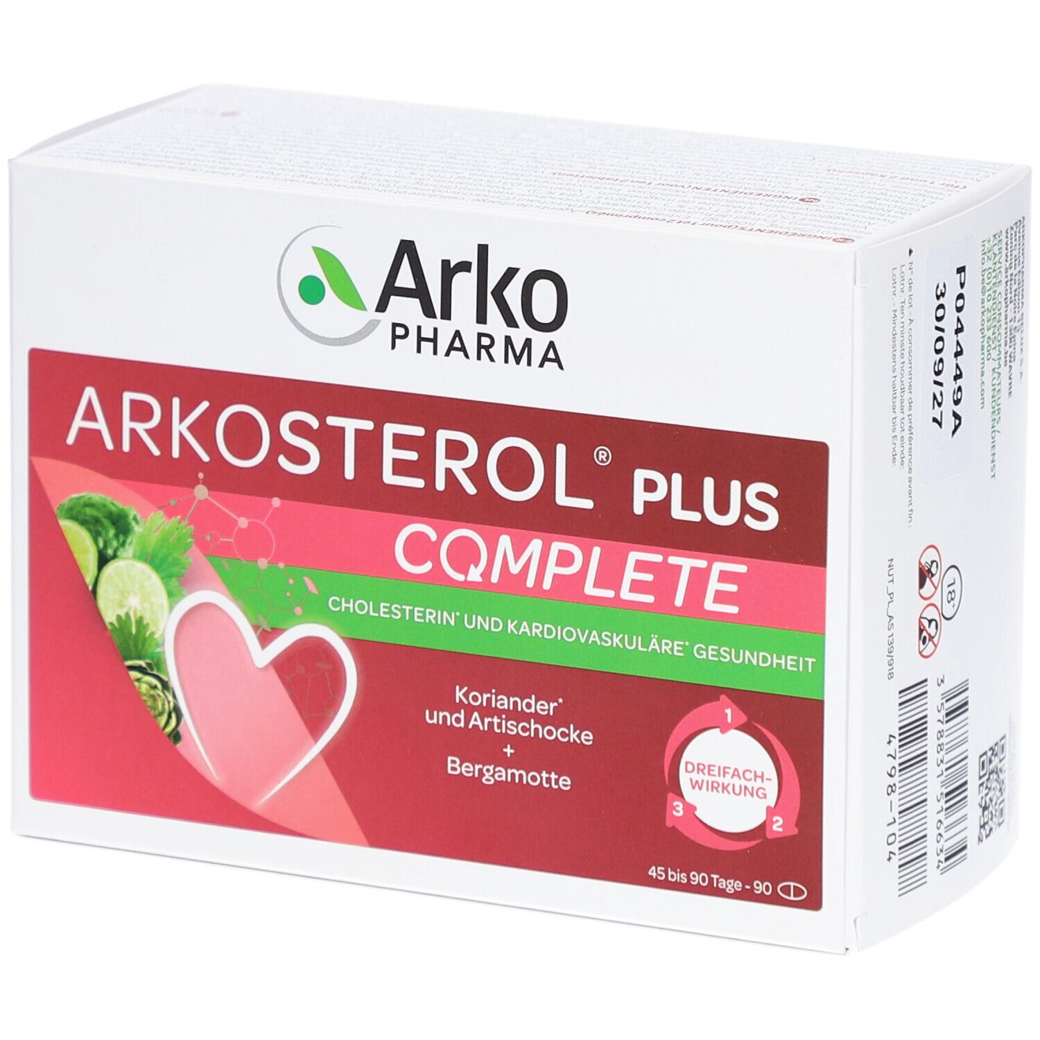 Boîte Arkopharma Arkosterol Plus Complete. Contient coriandre, artichaut et bergamote. Symbole triple action.