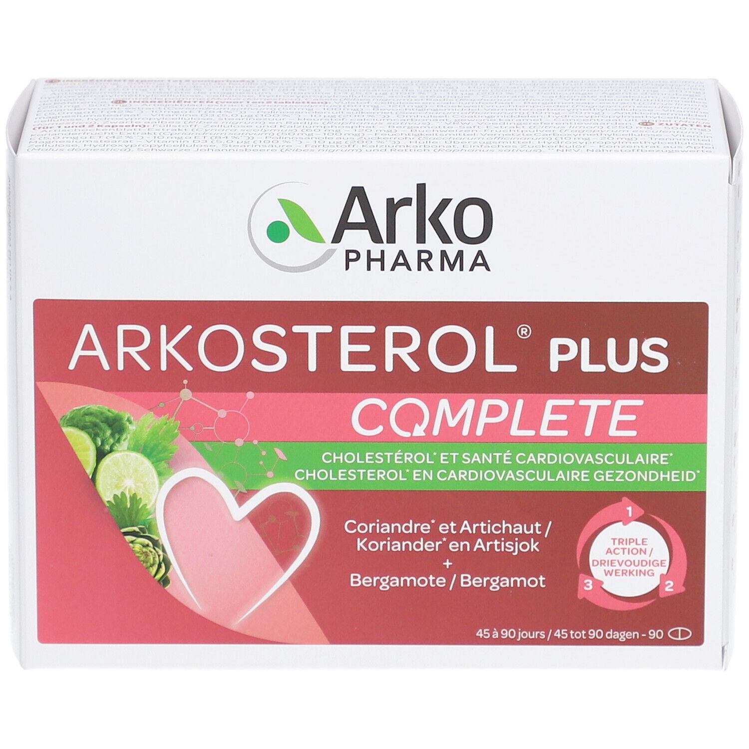 Boîte Arkopharma Arkosterol Plus Complete. Contient coriandre, artichaut et bergamote. Symbole triple action.