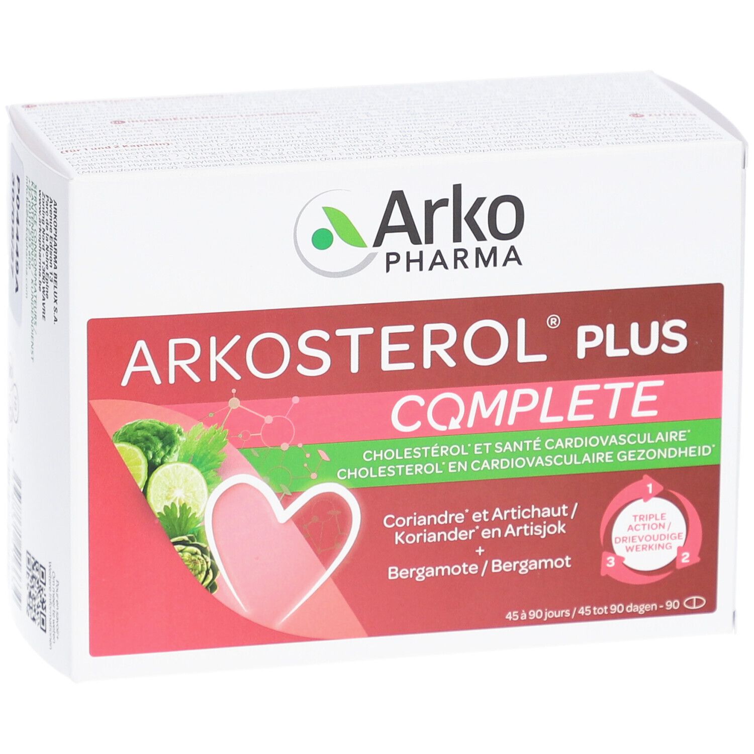 Boîte Arkopharma Arkosterol Plus Complete. Contient coriandre, artichaut et bergamote. Symbole triple action.