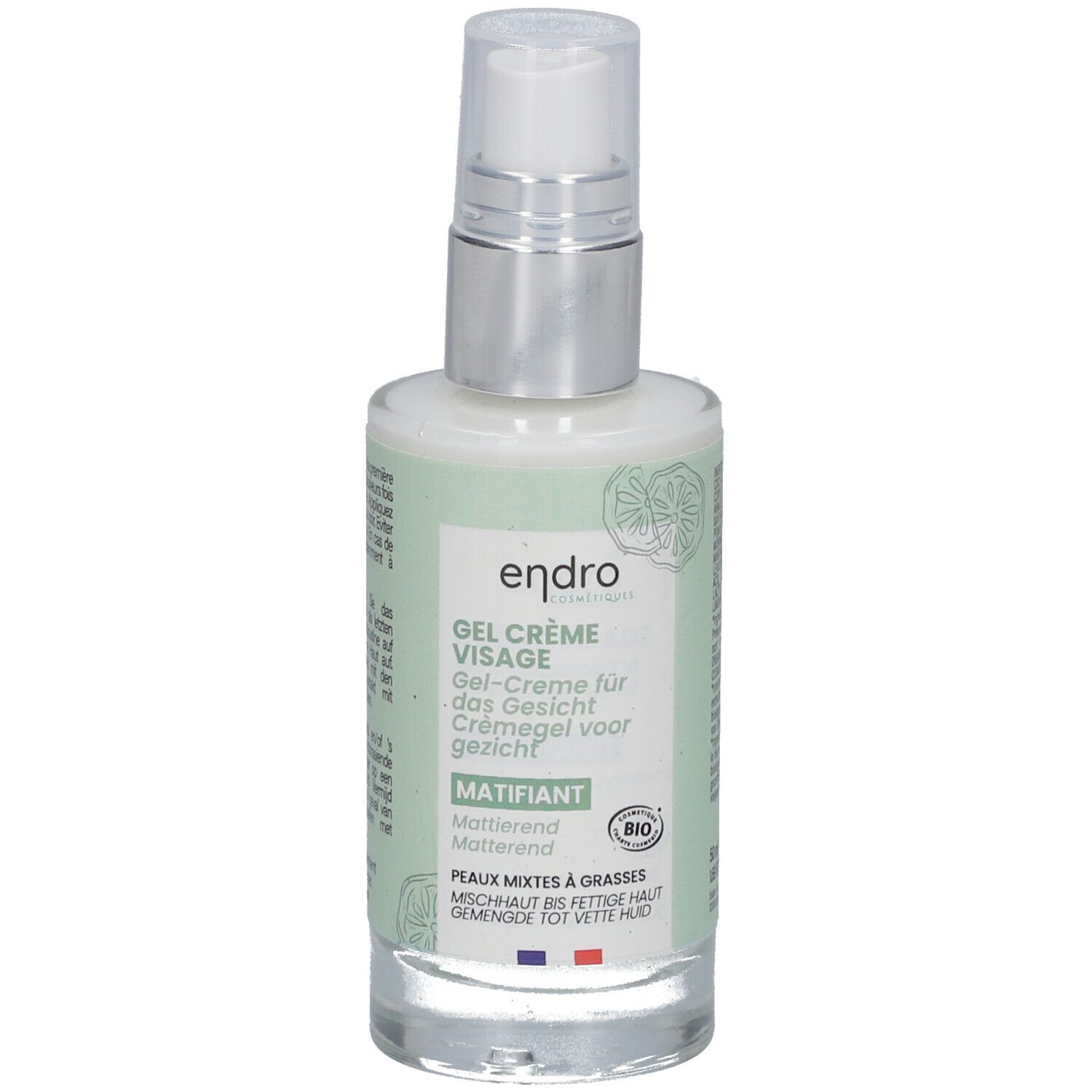 Gesichtscreme-Gel von Endro Cosmétiques. Transparente Flasche mit silbernem Pumpkopf. Grün-weiße Etiketten mit Produktinformationen.