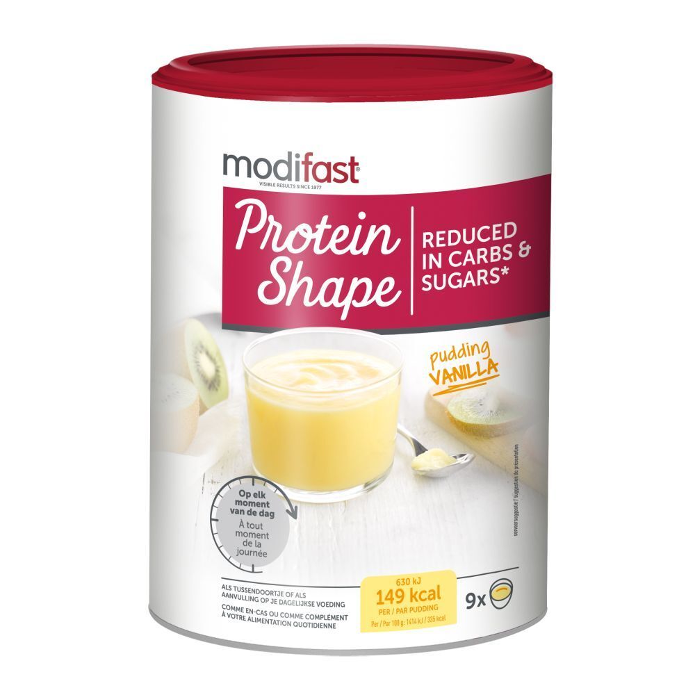 Dose MODIFAST® Protein Shape, Vanille-Pudding. Roter Deckel, weiße Dose mit Produktnamen und Pudding-Abbildung.
