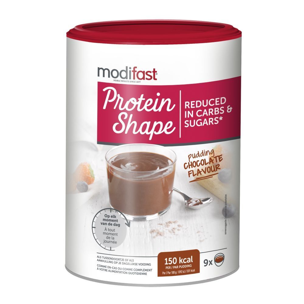 Boîte MODIFAST® Protein Shape, saveur chocolat. Couvercle rouge, boîte blanche avec informations et image du produit.