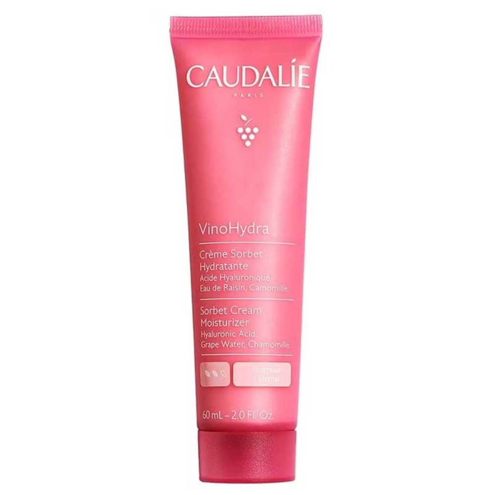 Rosa Tube mit weißer Schrift. Aufschrift: CAUDALIE, VinoHydra, Crème Sorbet Hydratante, Sorbet Cream Moisturizer. 60ml.
