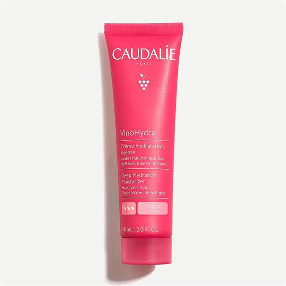 Rosa Tube mit weißer Schrift. Caudalie-Logo und Produktname VinoHydra. Text: Crème Hydratation Intense, Deep Hydration Moisturizer.