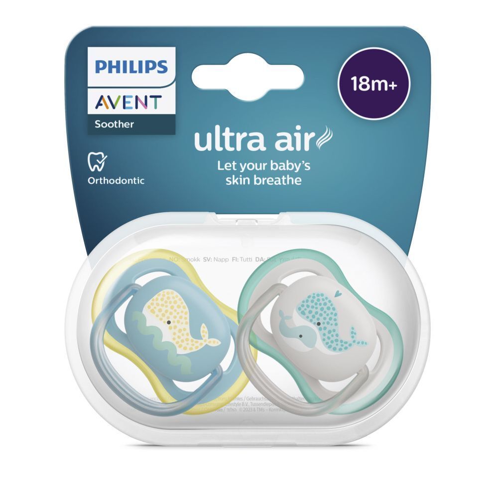 Verpackung mit zwei Schnullern. Marke Philips Avent. 'Ultra Air' Schriftzug. Altersempfehlung 18m+. Transparente Aufbewahrungsbox.