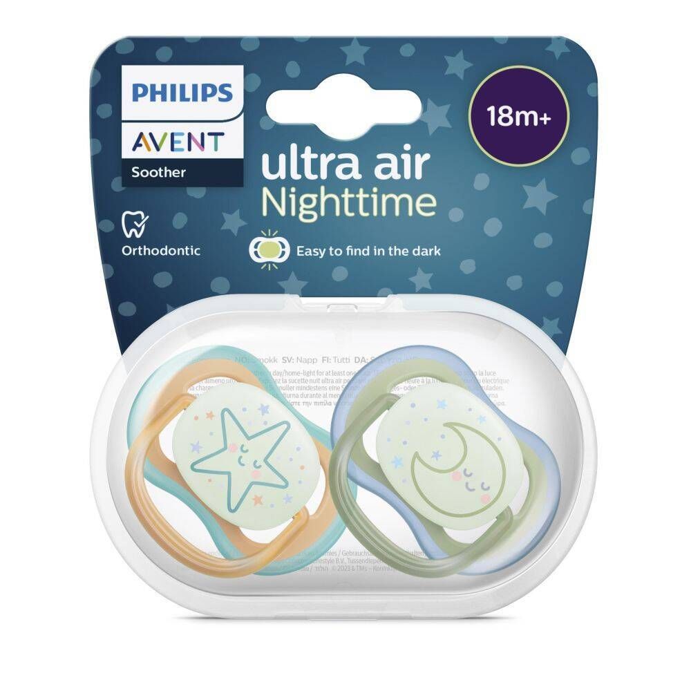 Verpackung mit zwei Schnullern. Marke Philips Avent. Ultra Air Nighttime. 18m+. Leuchtet im Dunkeln.