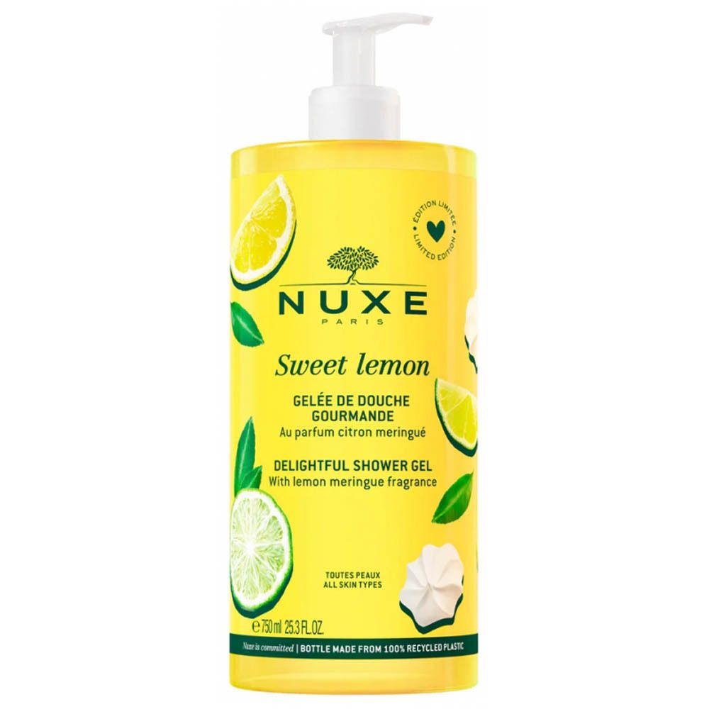 Nuxe Sweet Lemon douchegel. Transparante fles met pomp. Illustraties van citroen en limoen. Citroen meringues geur.