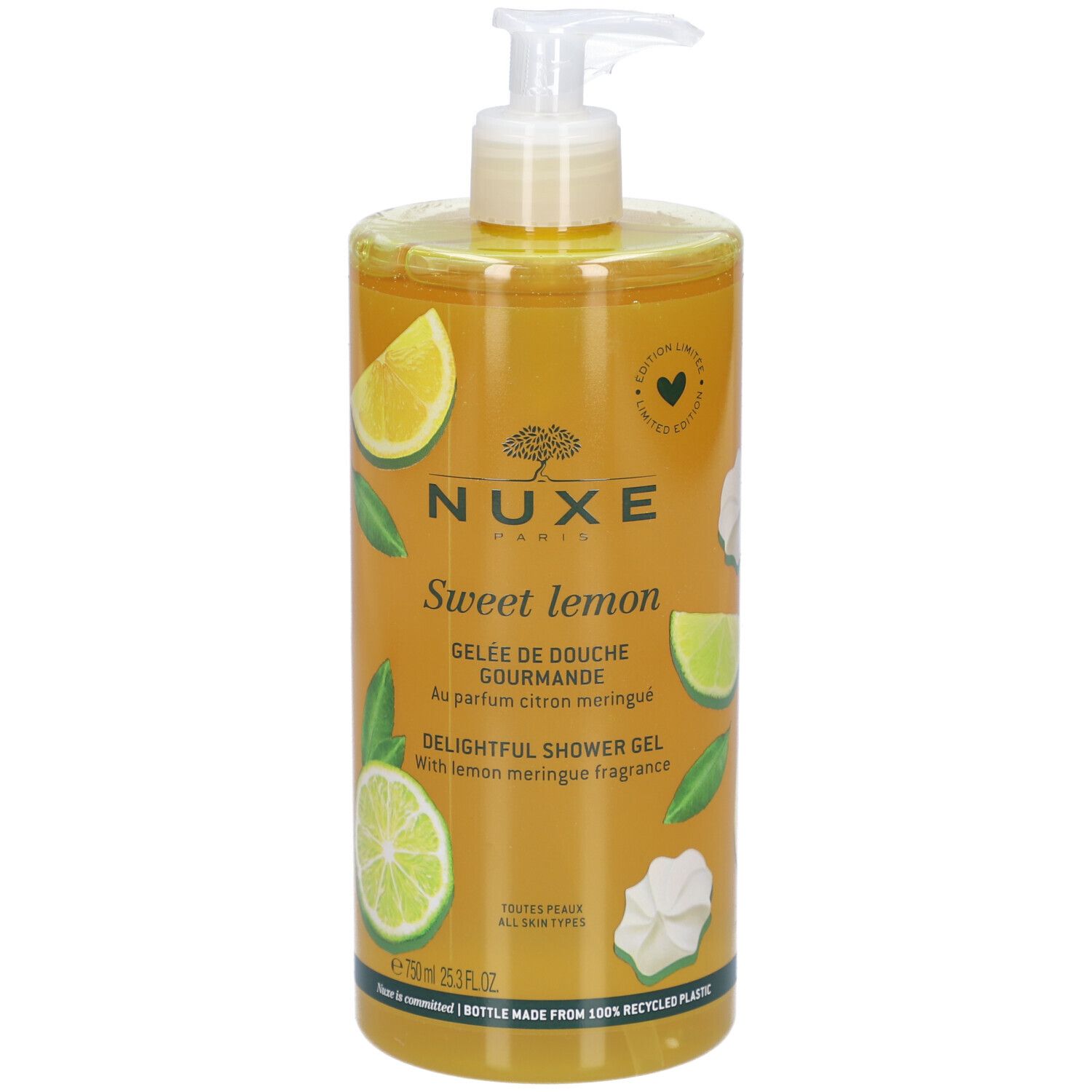 Nuxe Sweet Lemon douchegel. Transparante fles met pomp. Illustraties van citroen en limoen. Citroen meringues geur.