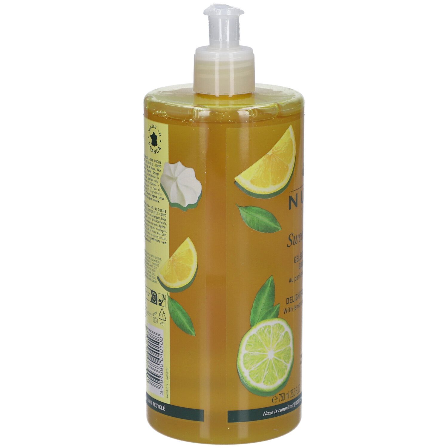 Nuxe Sweet Lemon douchegel. Transparante fles met pomp. Illustraties van citroen en limoen. Citroen meringues geur.