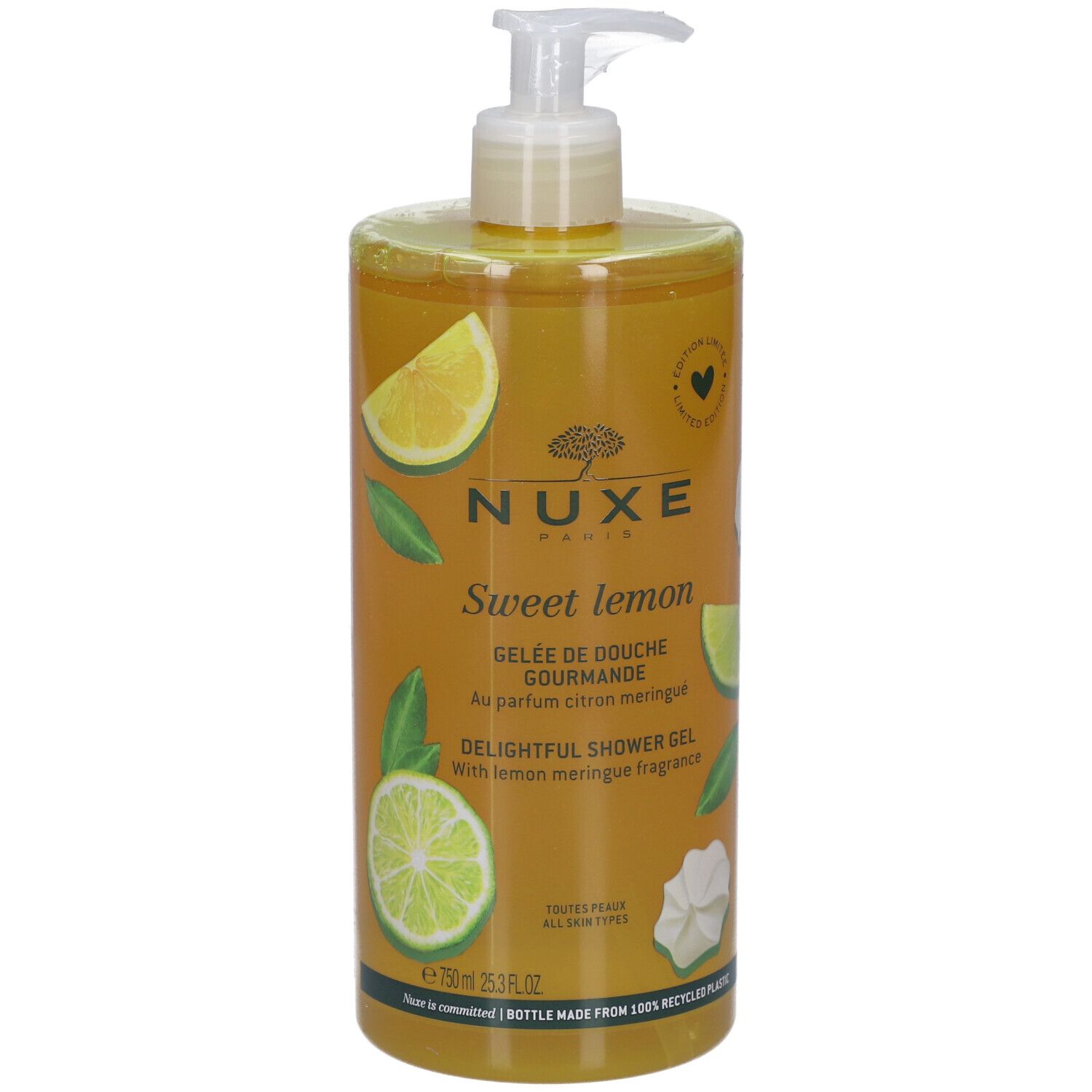 Nuxe Sweet Lemon douchegel. Transparante fles met pomp. Illustraties van citroen en limoen. Citroen meringues geur.