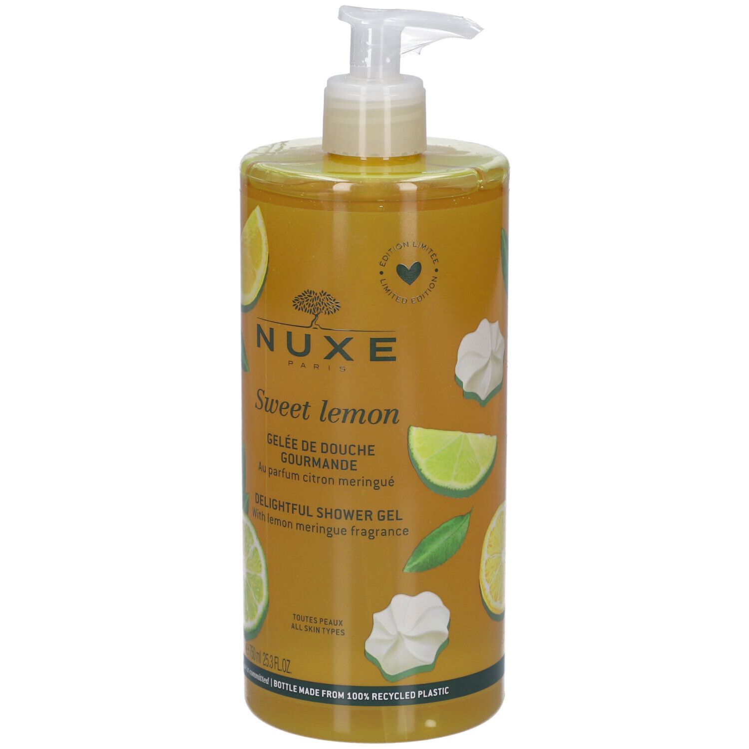 Nuxe Sweet Lemon douchegel. Transparante fles met pomp. Illustraties van citroen en limoen. Citroen meringues geur.