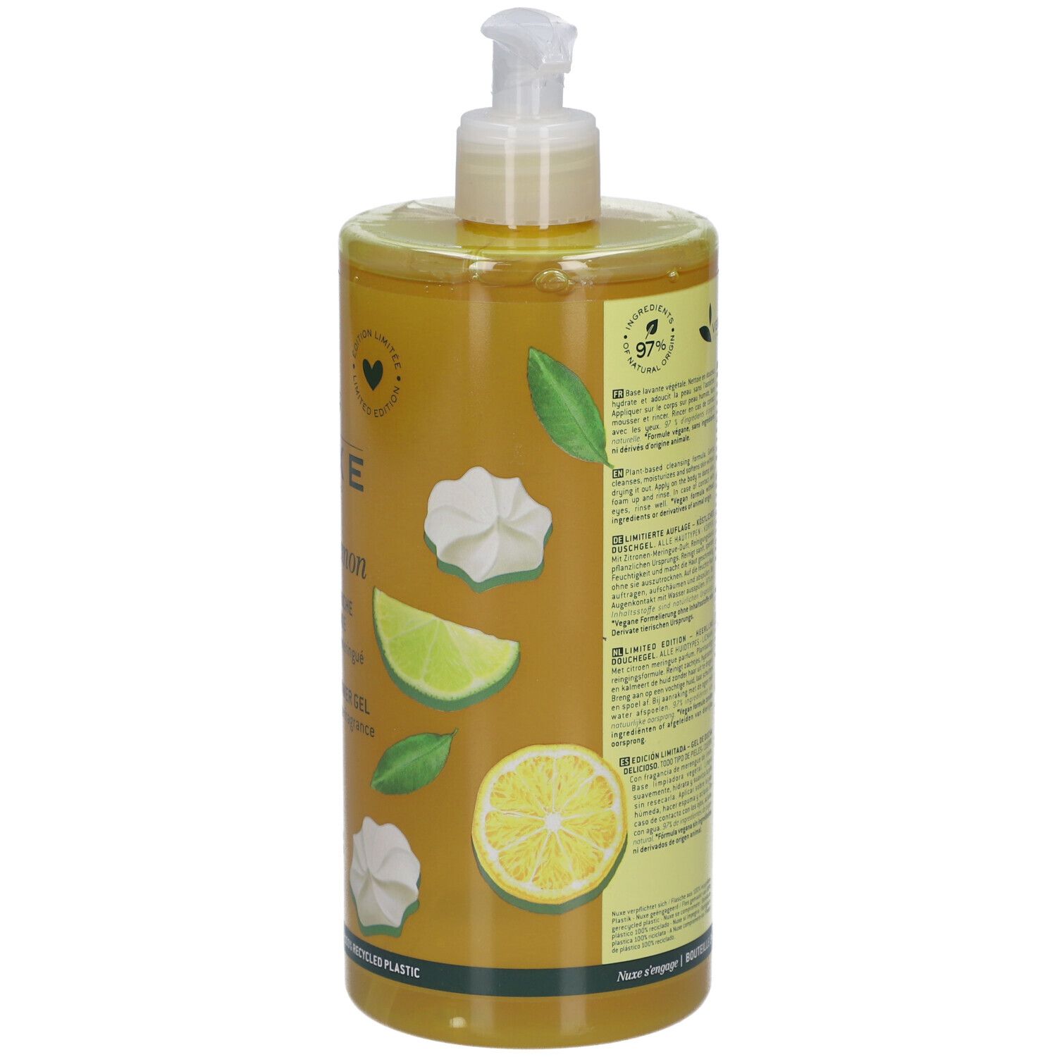 Achterkant fles. Tekstinformatie, ingrediënten, Vegan-logo, Made in France. Citroen- en limoenillustraties.