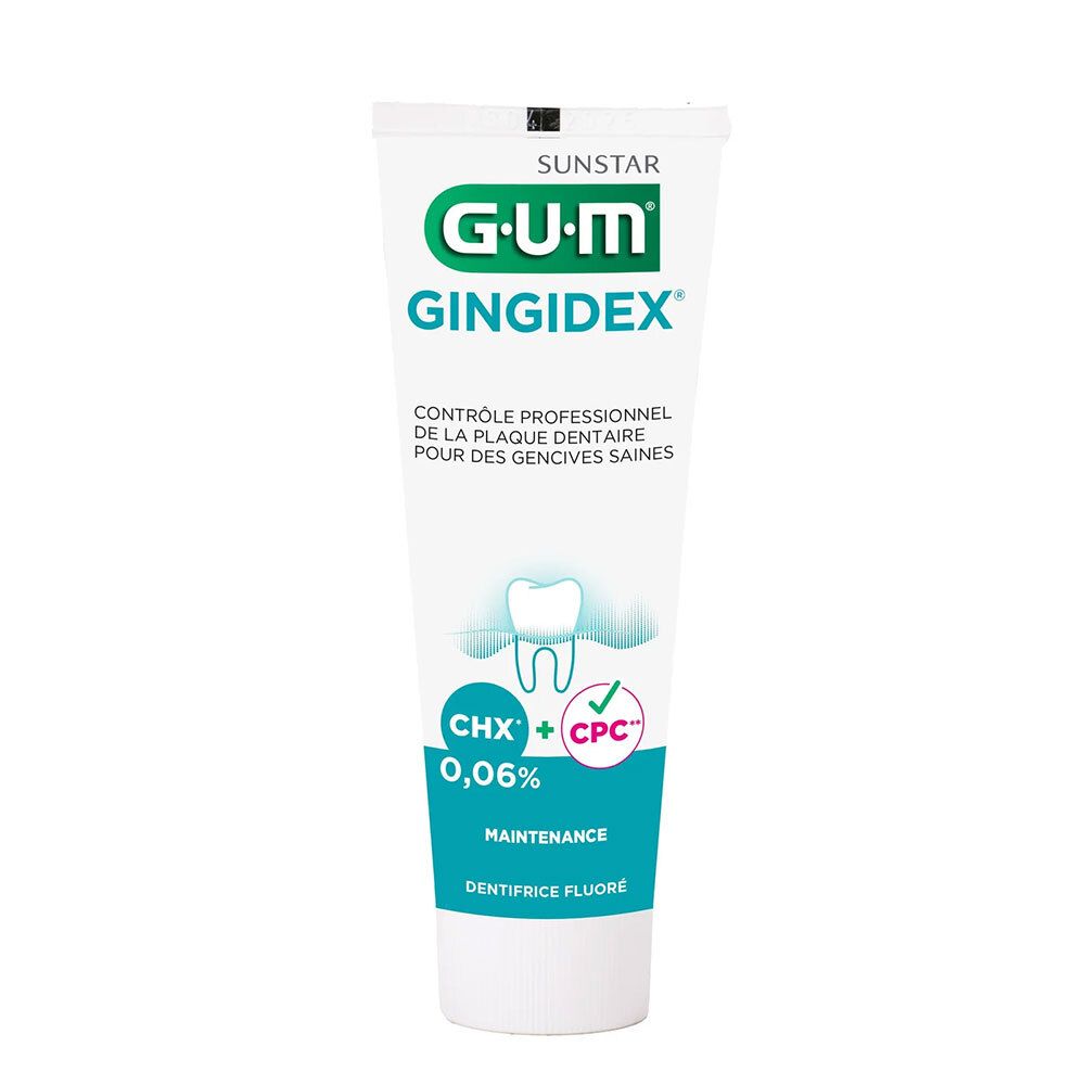 Tube de dentifrice G.U.M Gingidex, blanc, avec texte vert et bleu. Contient 0,06% de chlorhexidine.