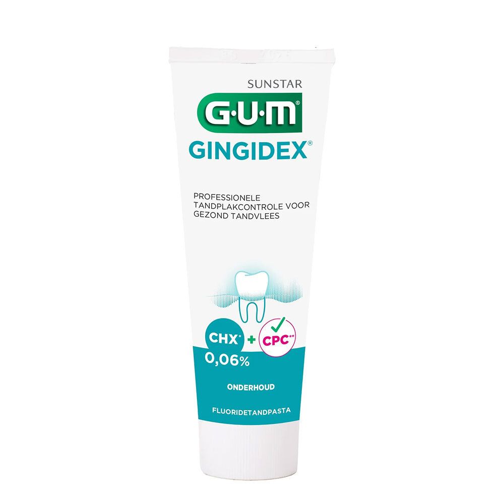 G.U.M Gingidex tandpastatube, wit, met groene en blauwe tekst. Bevat 0,06% chloorhexidine.