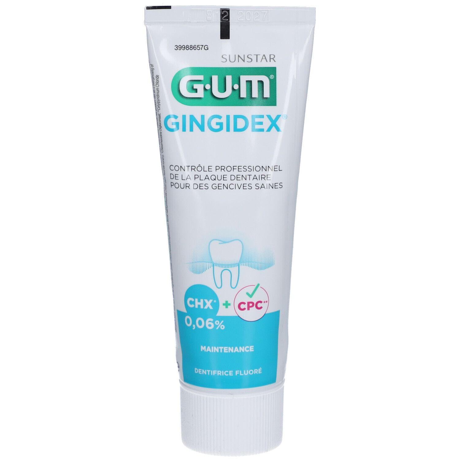 Tube de dentifrice G.U.M Gingidex, blanc, avec texte vert et bleu. Contient 0,06% de chlorhexidine.