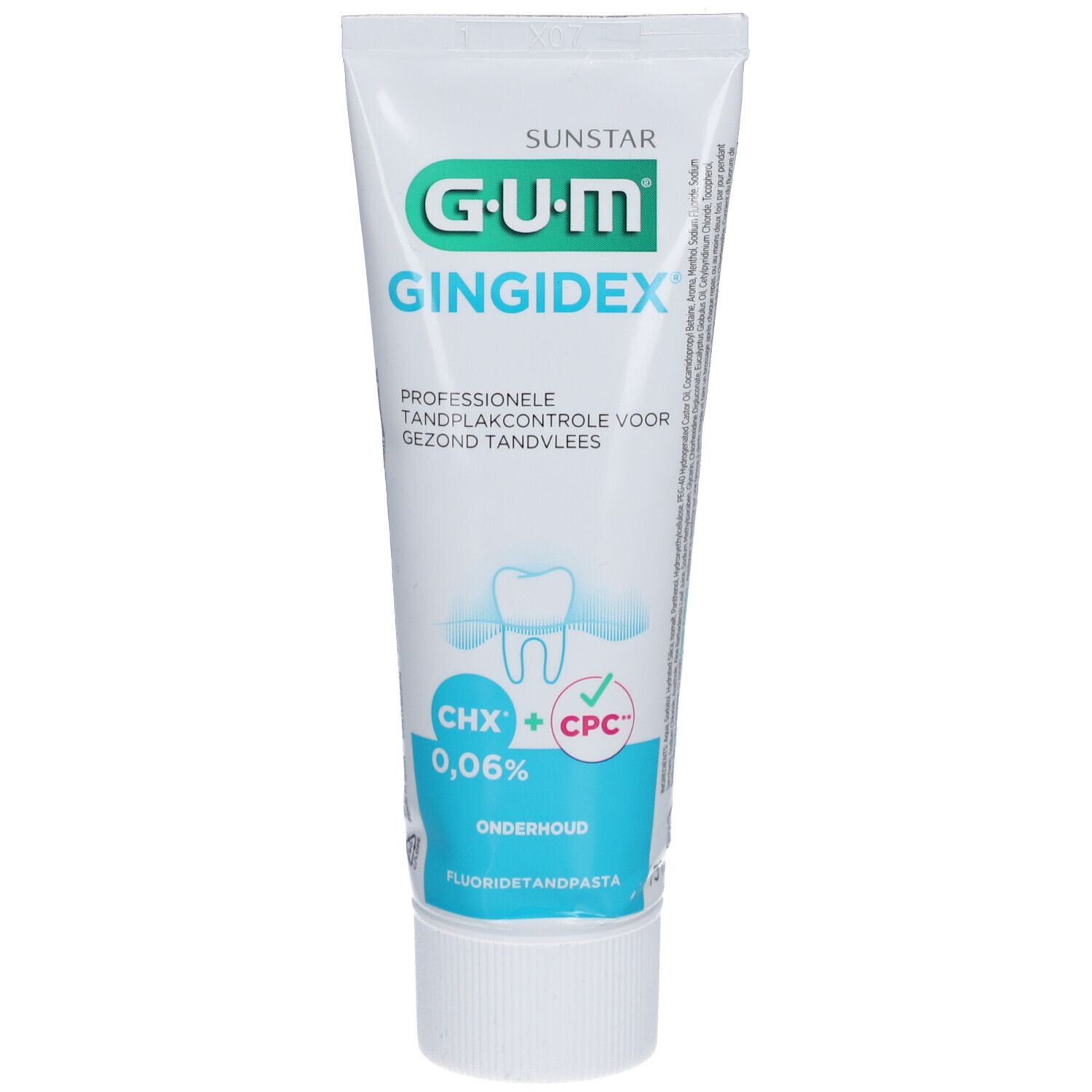 Tube de dentifrice G.U.M Gingidex, blanc, avec texte vert et bleu. Contient 0,06% de chlorhexidine.