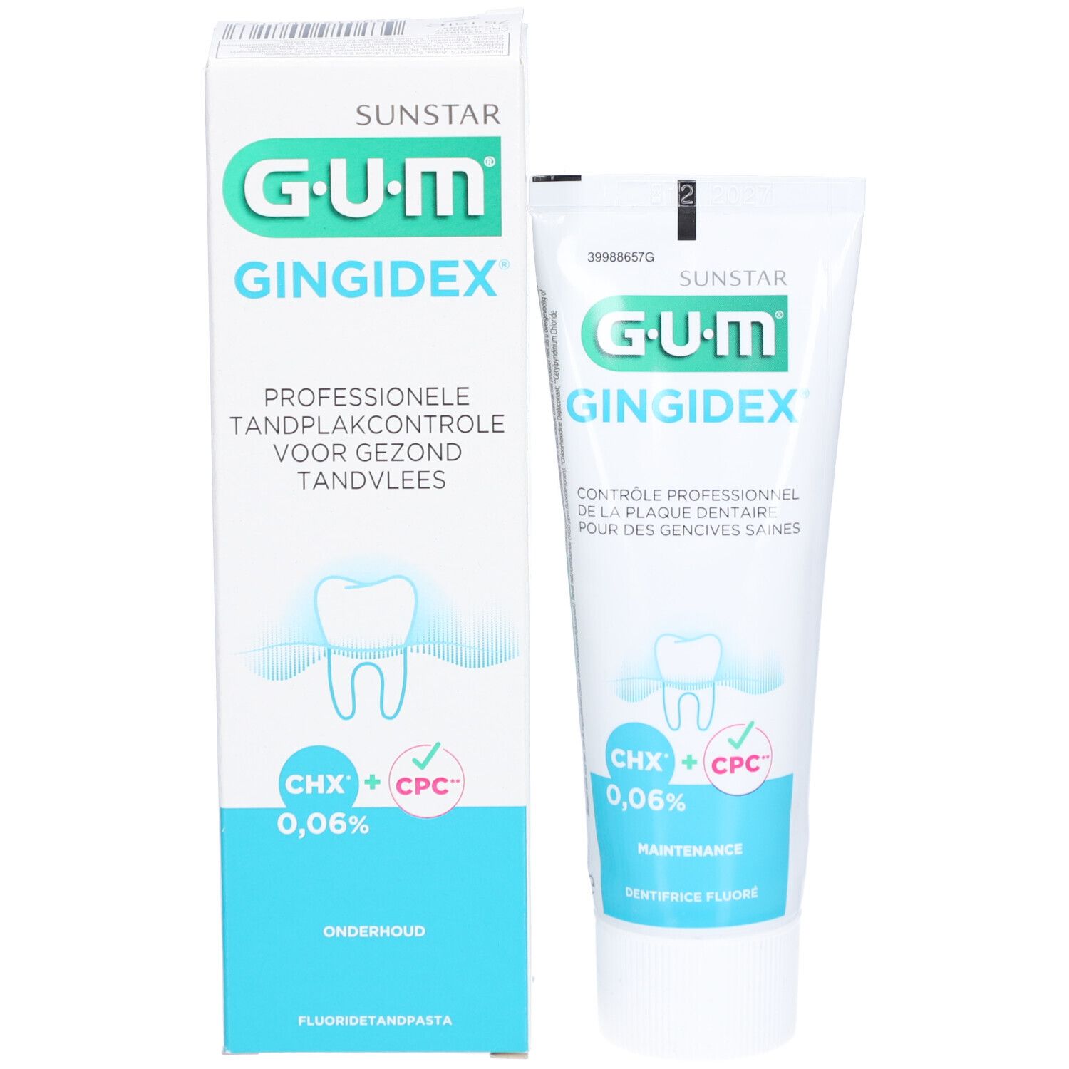 Boîte et tube G.U.M Gingidex. Boîte blanche avec texte vert et bleu. Contient 0,06% de chlorhexidine.
