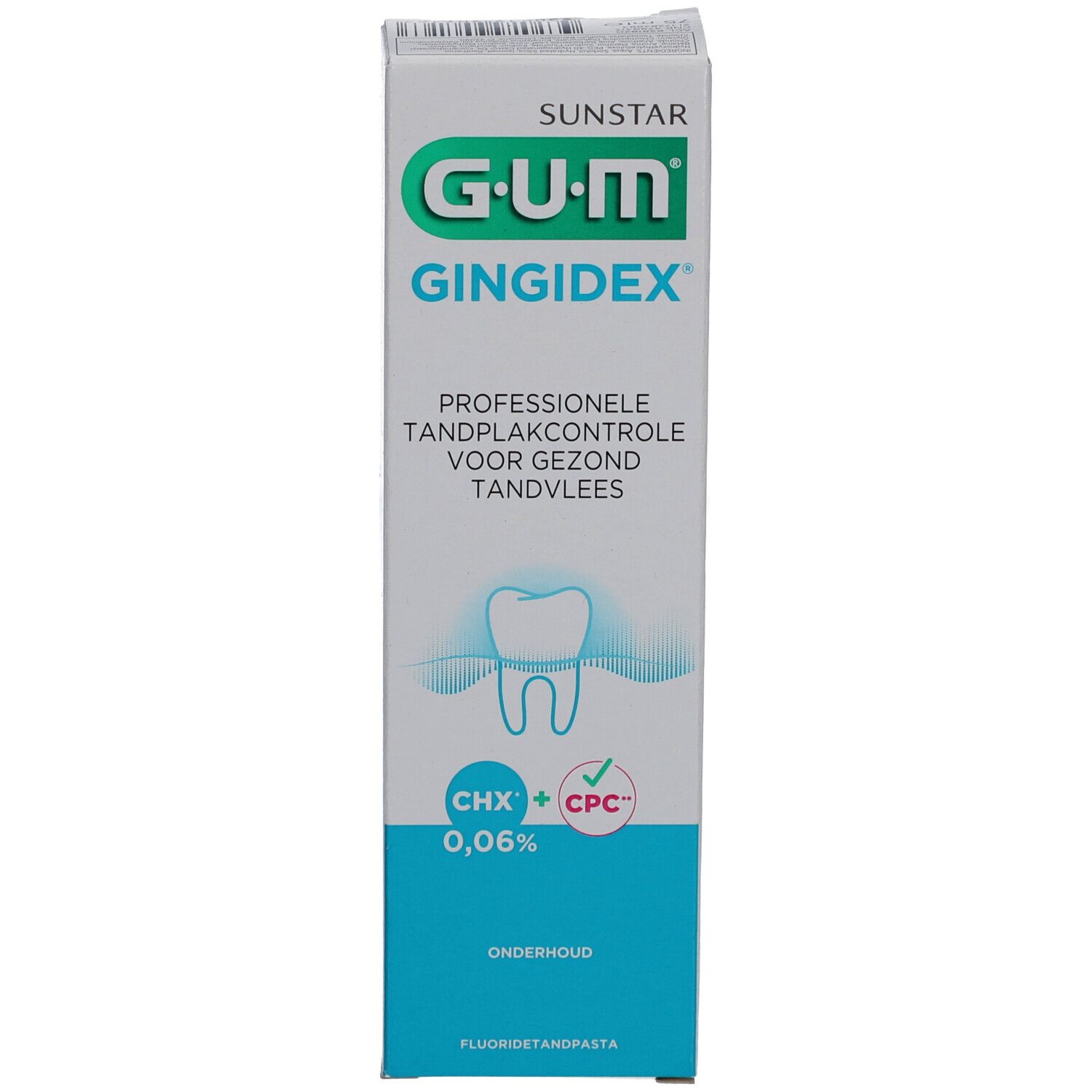Boîte G.U.M Gingidex, blanche avec texte vert et bleu. Contient 0,06% de chlorhexidine.