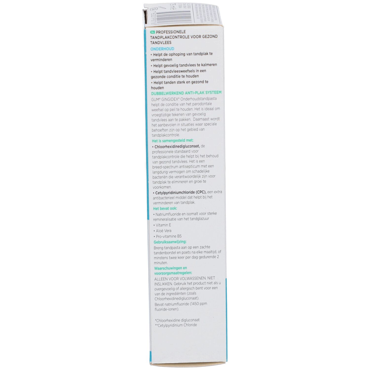 Dos de la boîte G.U.M Gingidex avec texte. Contient des informations sur l'utilisation et les ingrédients.