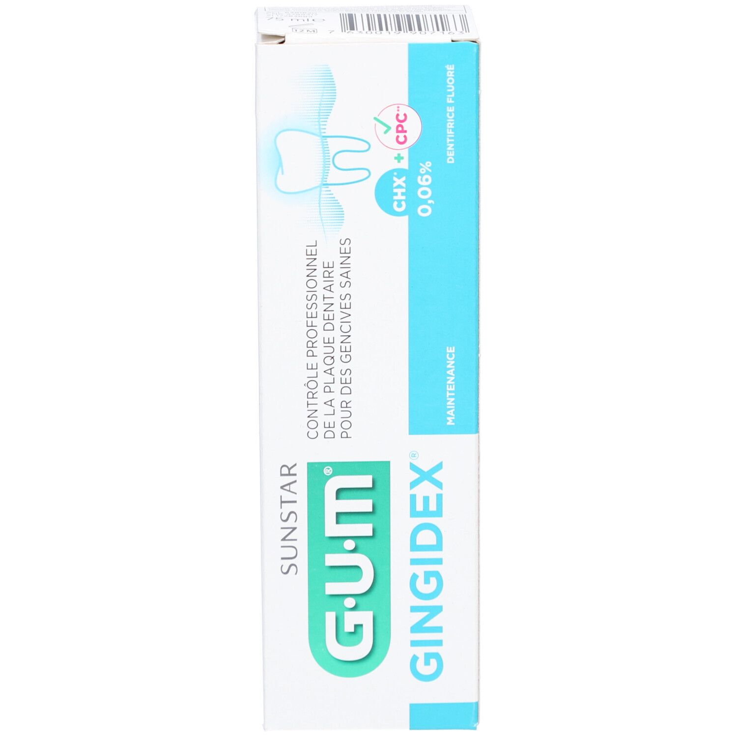 Tube G.U.M Gingidex, blanc, avec texte vert et bleu. Contient 0,06% de chlorhexidine.