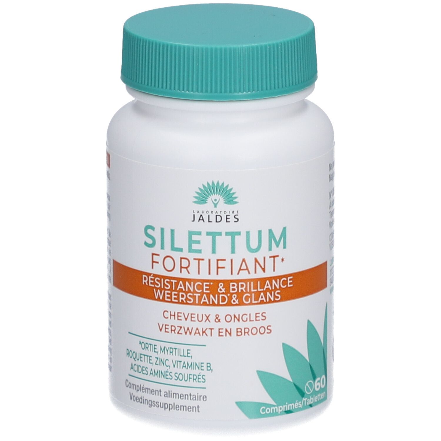 Weiße Flasche mit grünem Deckel. Aufschrift: Silettum Fortifiant. Enthält 60 Tabletten. Text in Französisch und Niederländisch.