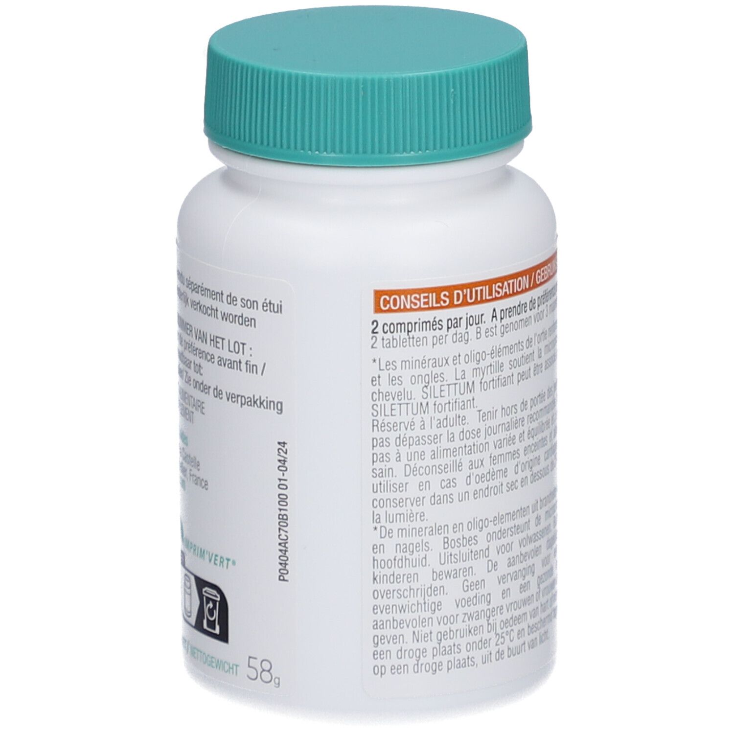 Rückseite der weißen Flasche mit grünem Deckel. Text in Französisch und Niederländisch. Informationen zur Dosierung und Inhaltsstoffen.