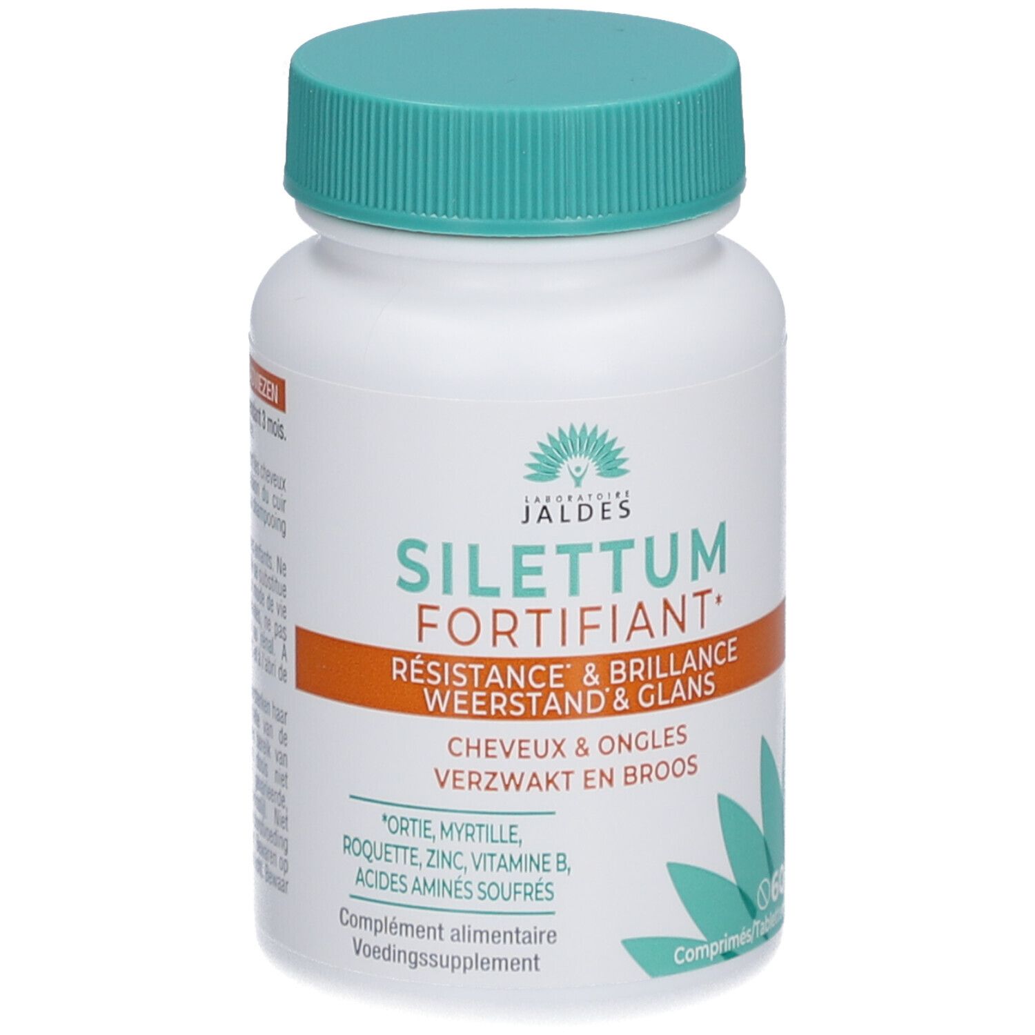 Weiße Flasche mit grünem Deckel. Aufschrift: Silettum Fortifiant. Enthält 60 Tabletten. Text in Französisch und Niederländisch.