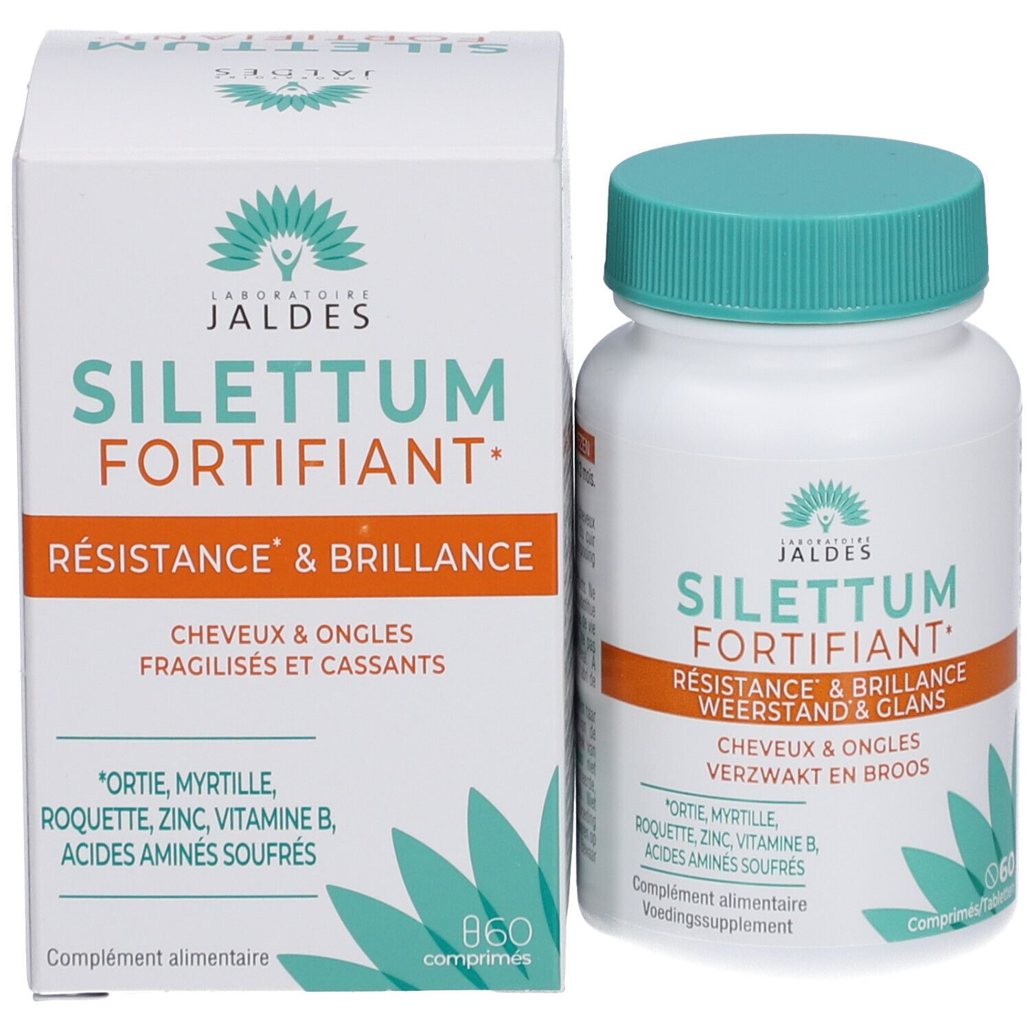 Produktverpackung mit Flasche und Karton. Aufschrift: Silettum Fortifiant. Enthält 60 Tabletten. Text in Französisch.
