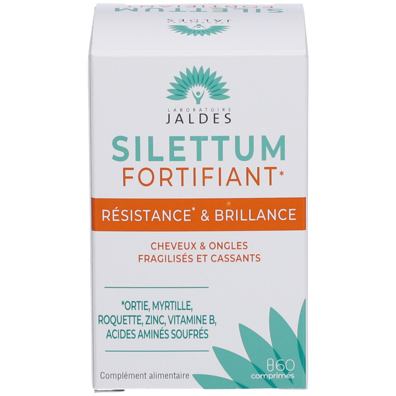 Produktverpackung. Aufschrift: Silettum Fortifiant. Enthält 60 Tabletten. Text in Französisch.