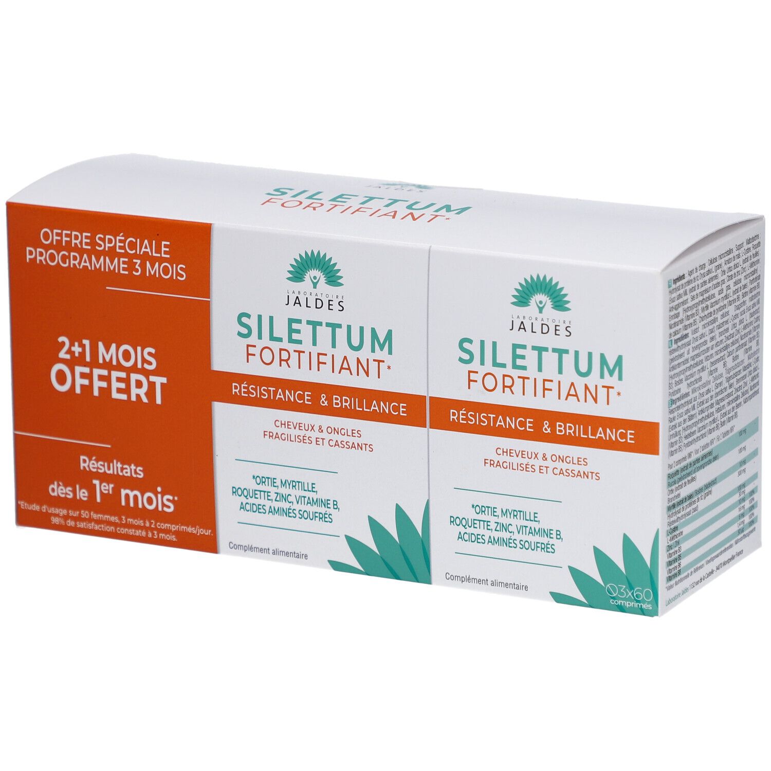 Verpackung mit zwei Kartons. Aufdruck: Silettum Fortifiant, 2+1 Monate gratis. Text in Französisch.