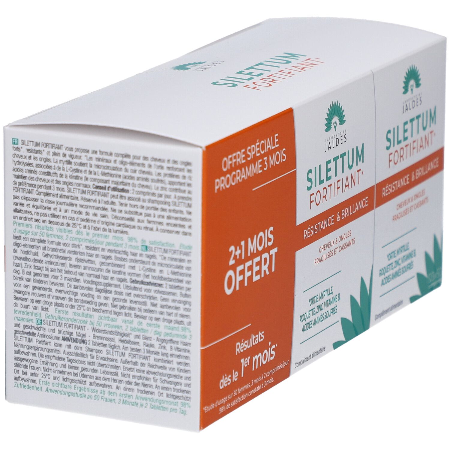 Schräg gestellte Verpackung mit zwei Kartons. Aufdruck: Silettum Fortifiant, 2+1 Monate gratis. Text in Französisch.