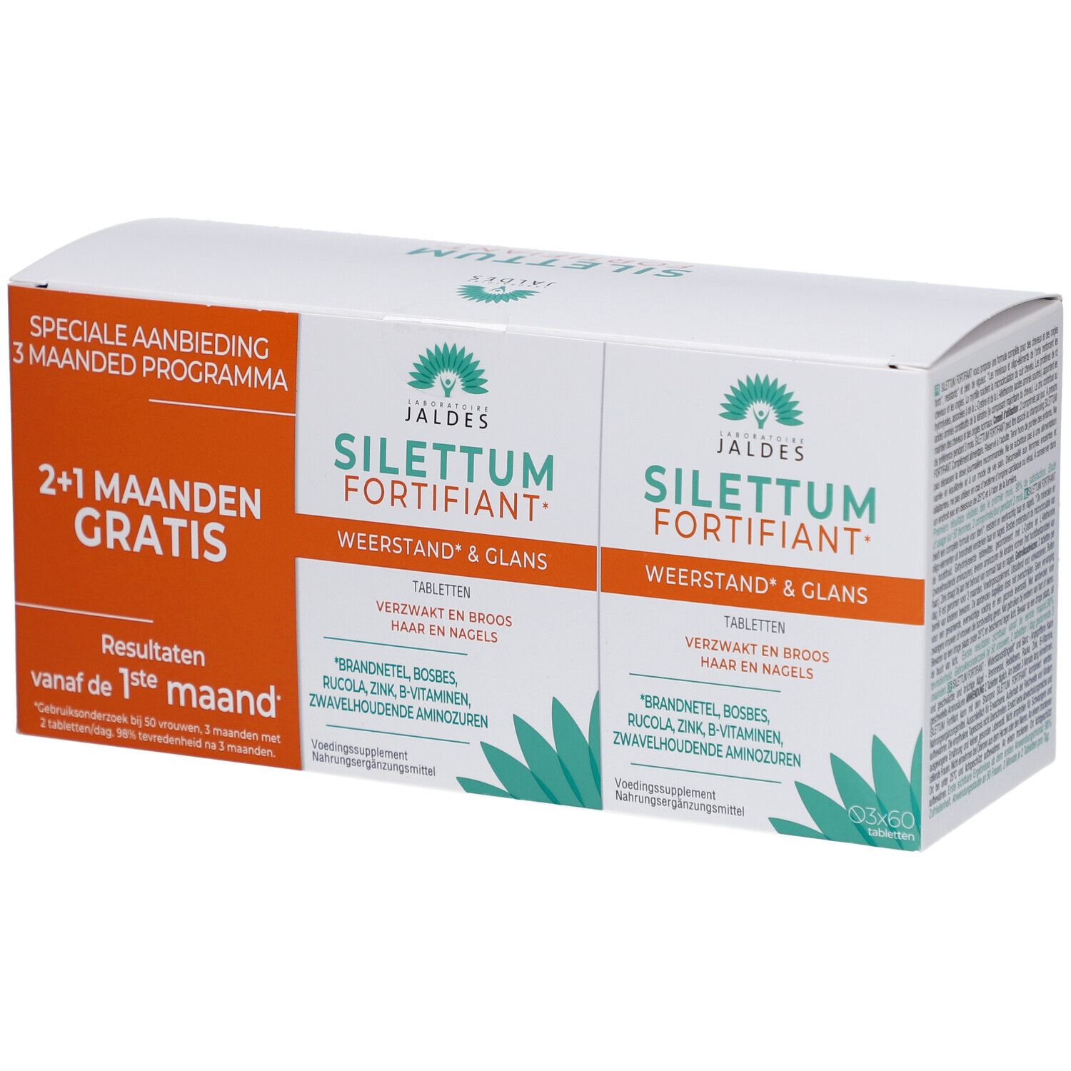 Verpackung mit zwei Kartons. Aufdruck: Silettum Fortifiant, 2+1 maanden gratis. Text in Niederländisch.