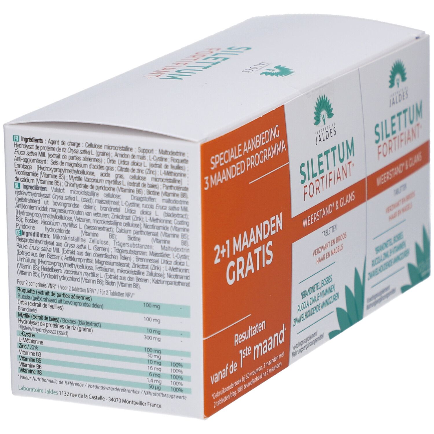 Schräg gestellte Verpackung mit zwei Kartons. Aufdruck: Silettum Fortifiant, 2+1 Monate gratis. Text in Niederländisch.