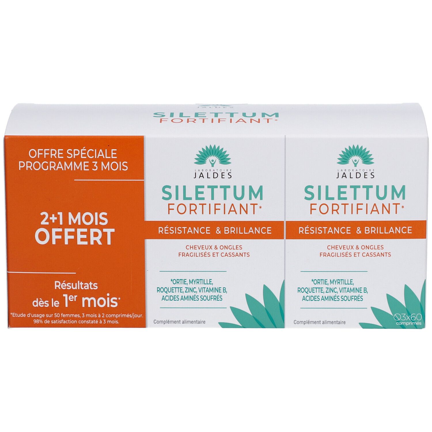 Verpackung mit zwei Kartons. Aufdruck: Silettum Fortifiant, 2+1 Monate gratis. Text in Französisch.