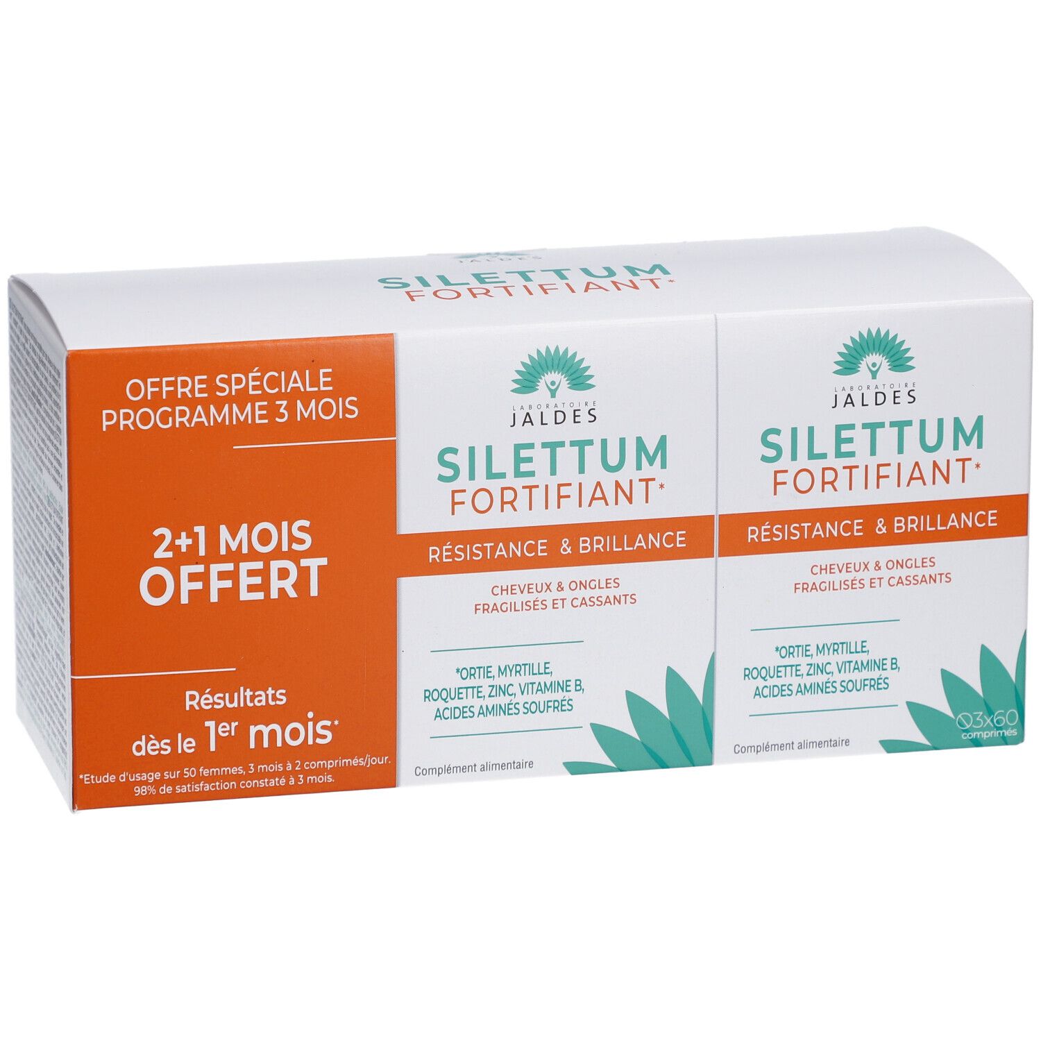 Verpackung mit zwei Kartons. Aufdruck: Silettum Fortifiant, 2+1 Monate gratis. Text in Französisch.