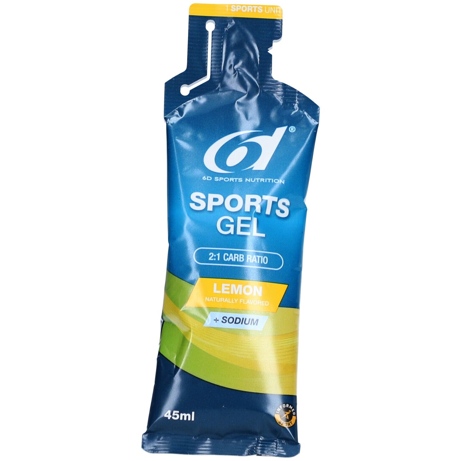 Sport-Gel-Beutel, blau-gelb. Aufschrift: 6D Sports Nutrition, Sports Gel, Zitrone, 2:1 Carb Ratio, + Natrium. 45ml.
