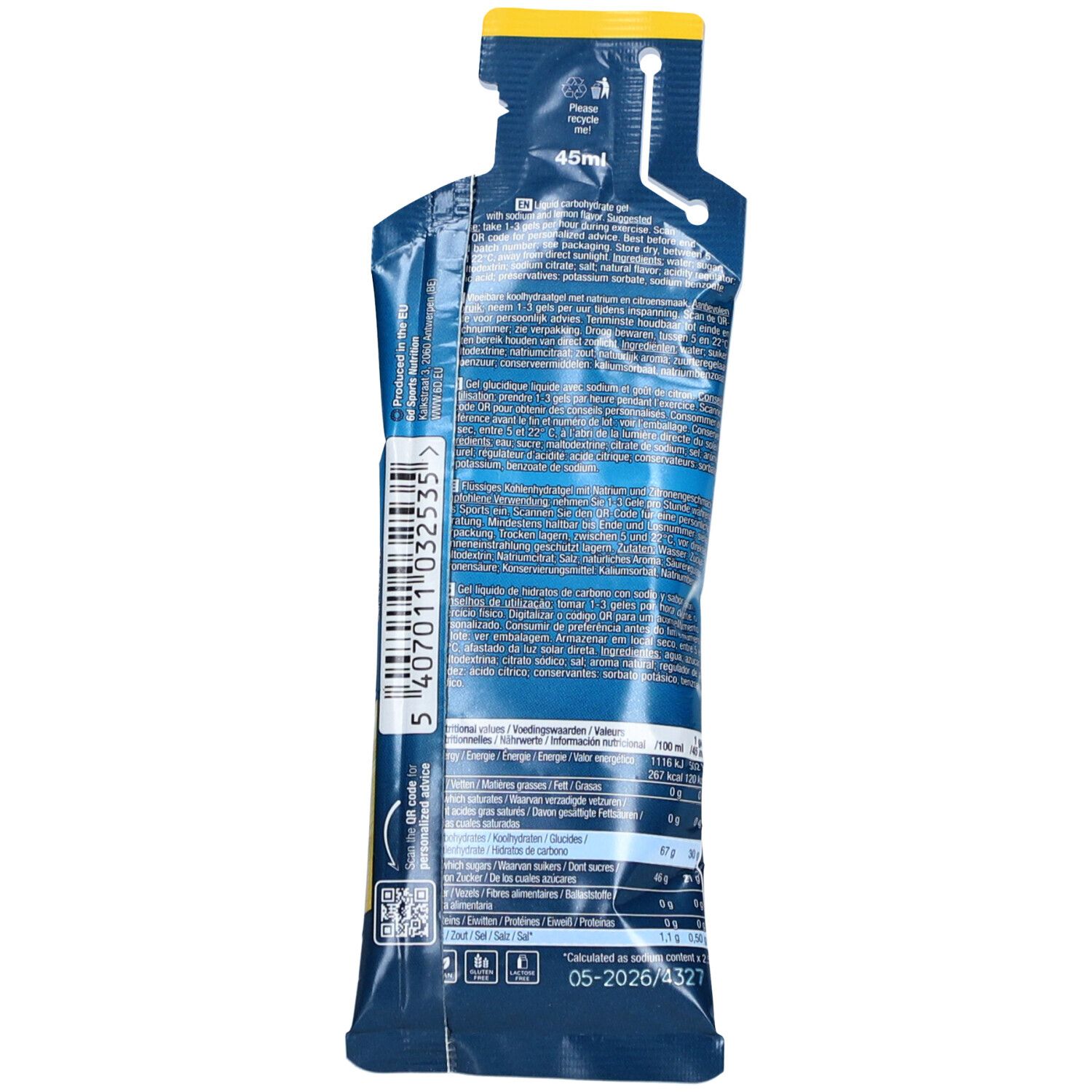 Rückseite des Sport-Gel-Beutels. Blaue Farbe mit weißen und gelben Elementen. Enthält Text und Nährwertangaben. Barcode und Haltbarkeitsdatum.
