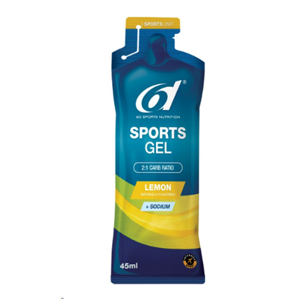 6d Sports Nutrition Sports Gel, citroen. Enkele verpakking, blauwe en gele kleuren. Bevat 45ml.