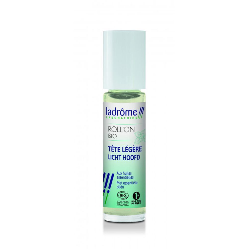 Flacon roll-on avec bouchon blanc. Inscription : Tête Légère, Licht Hoofd. Certification Bio.