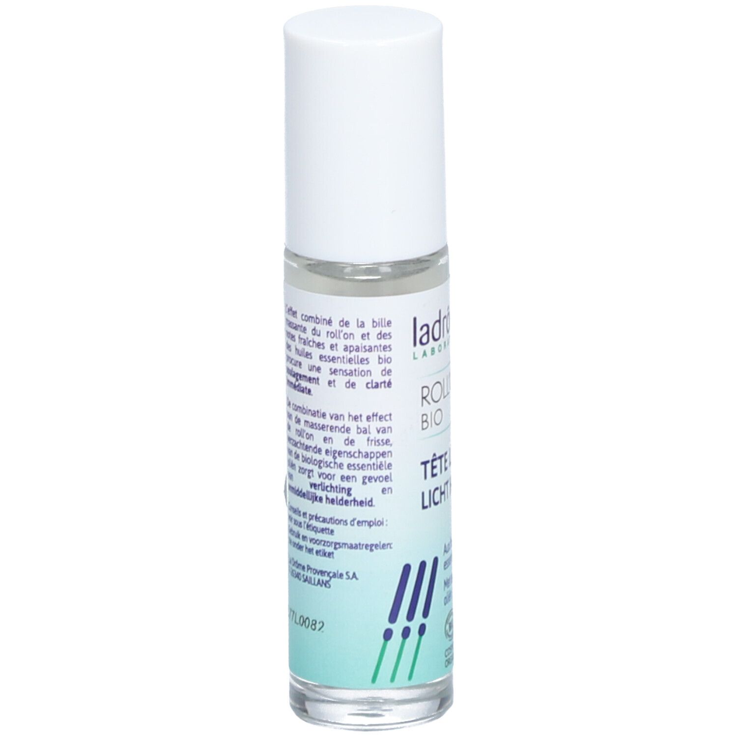 Flacon roll-on avec bouchon blanc. Inscription : Tête Légère, Licht Hoofd. Certification Bio.